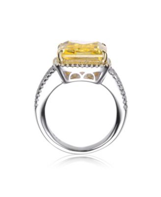 Sterling Silver White Gold Plated Yellow Ascher with Clear Round Cubic Zirconia Triple Pave Ring