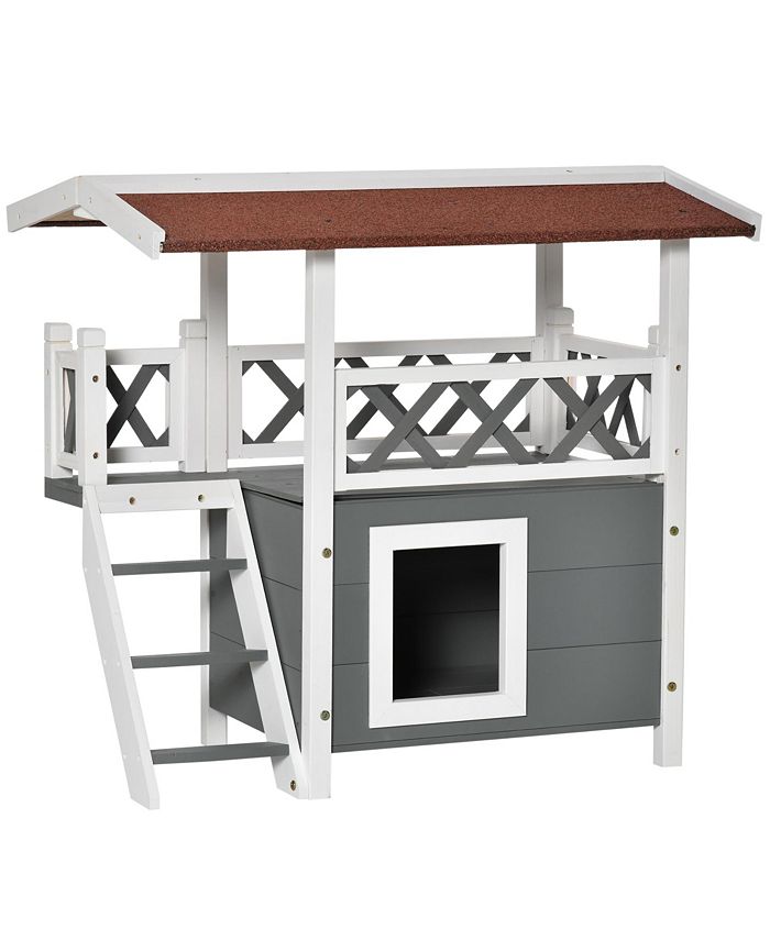 PawHut Wooden Cat House Enclosed Shelter with Balcony for Small Pets, Grey and White Macy's