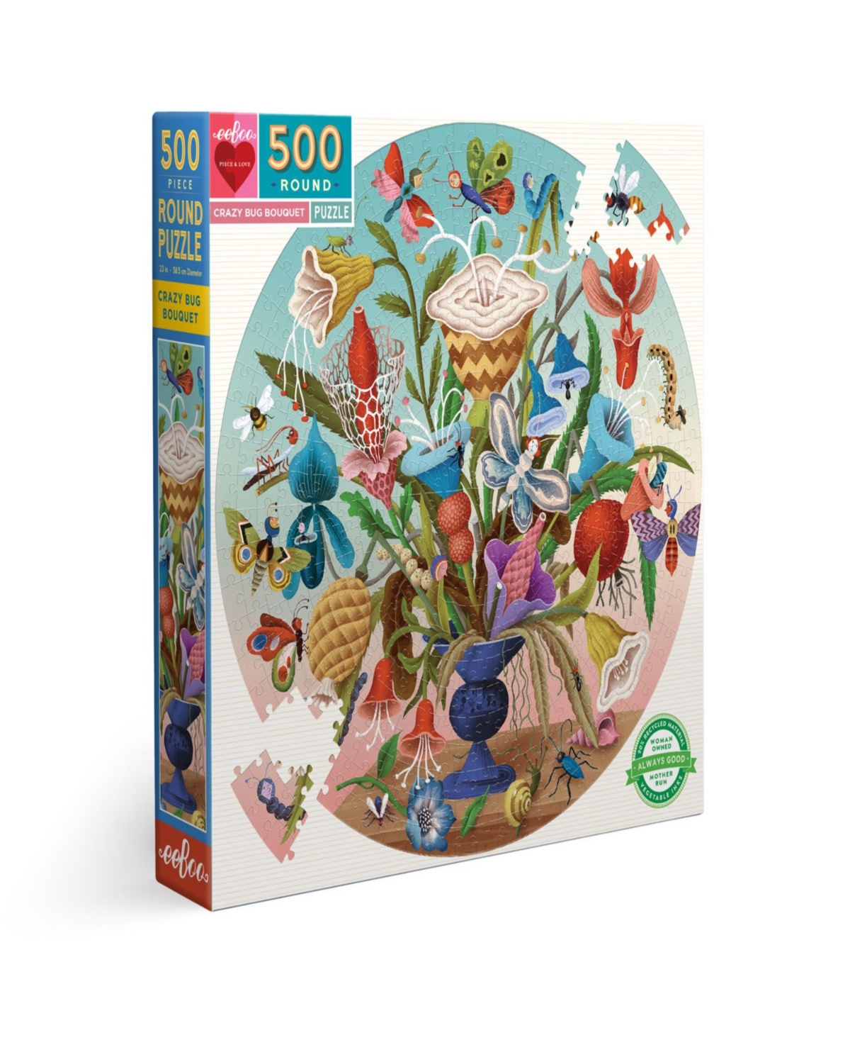 Eeboo Piece And Love Crazy Bug Bouquet 500 Piece Round Jigsaw Puzzle Set In Multi
