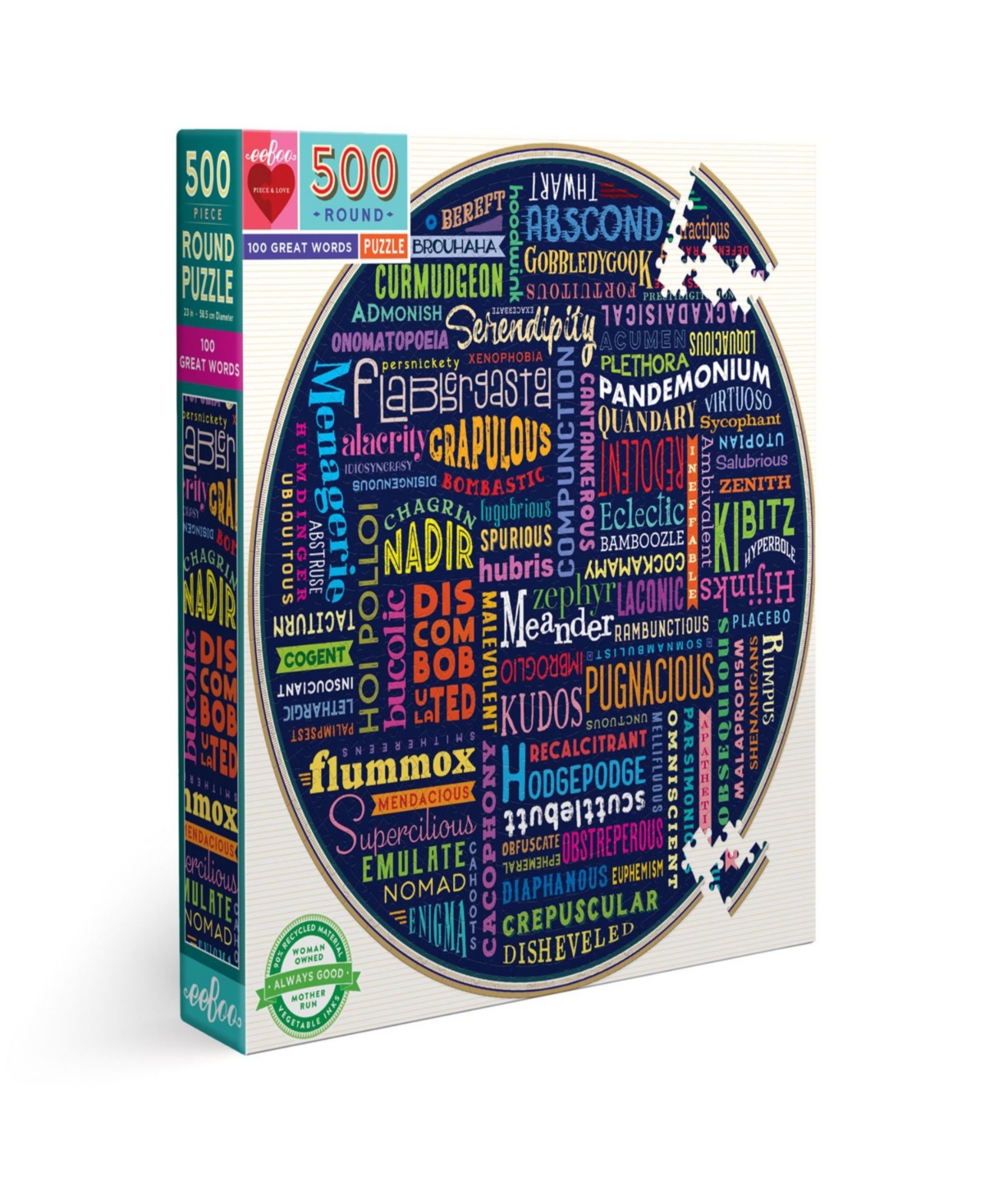 Eeboo Piece And Love 100 Great Words Round Circle Jigsaw Puzzle Set, 500 Piece In Multi