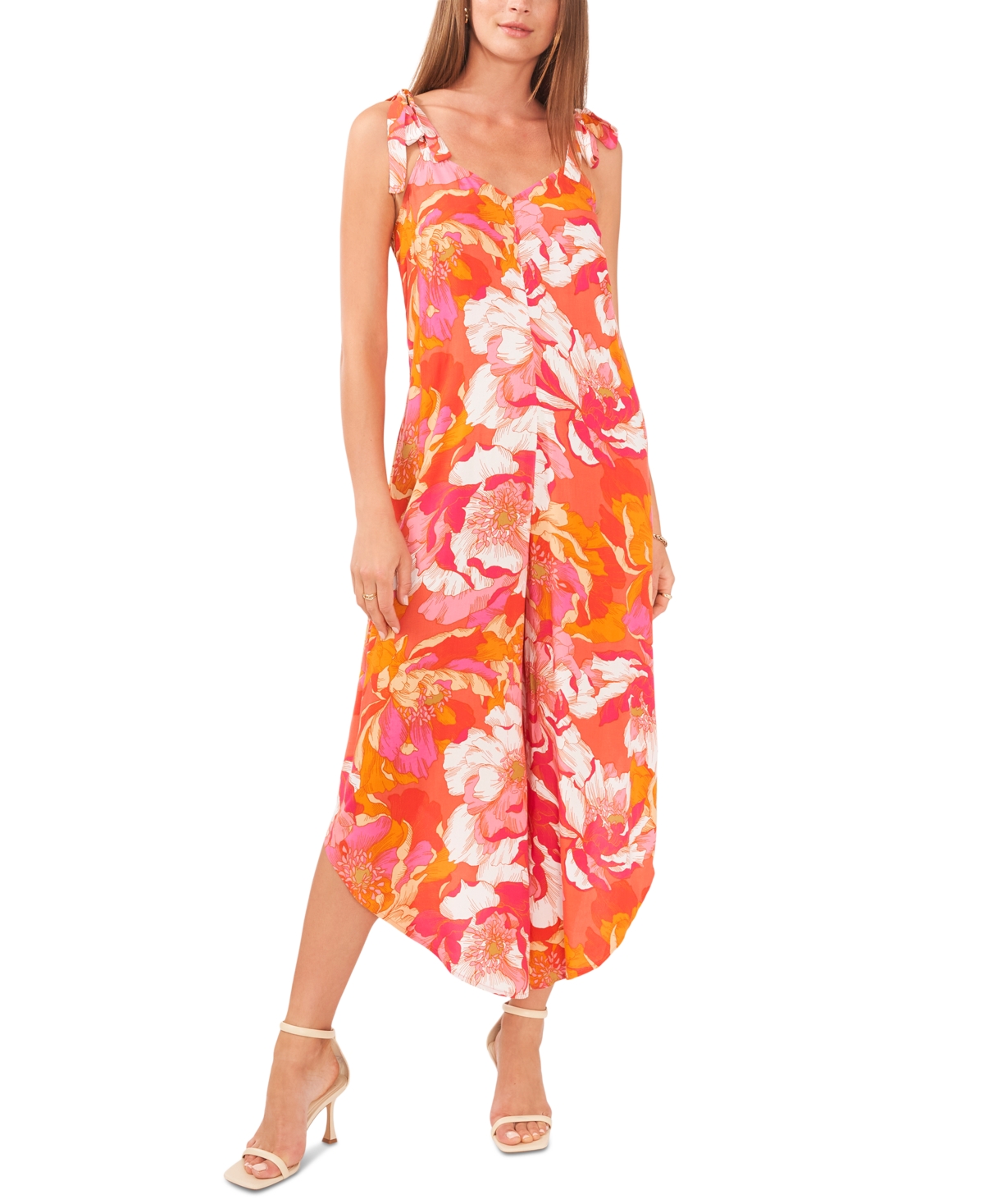 Shop Vince Camuto Women's Floral Tie Shoulder Angled Hem Jumpsuit In Radiant Orange