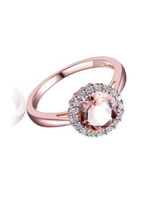 Sterling Silver with Rose Gold Plated Halo Round Pink Cubic Zirconia Solitaire Ring