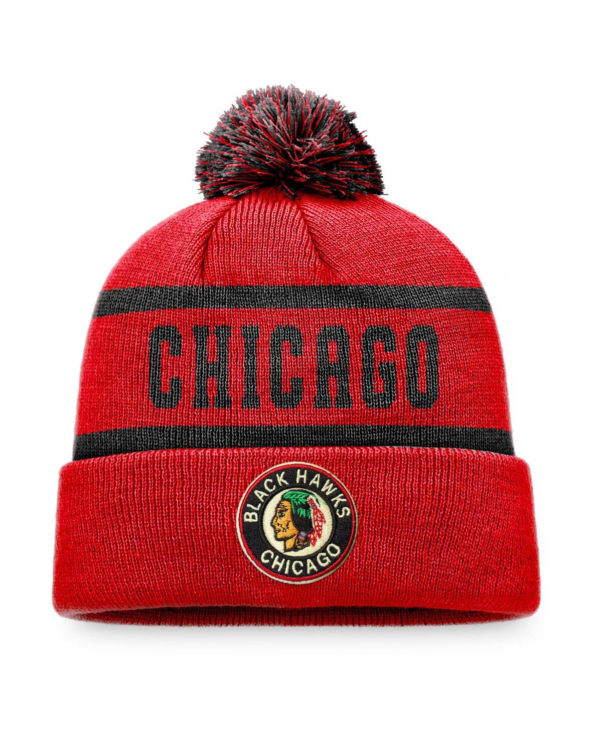 Fanatics Men's  Red, Black Chicago Blackhawks Original Six Cuffed Knit Hat With Pom In Red,black