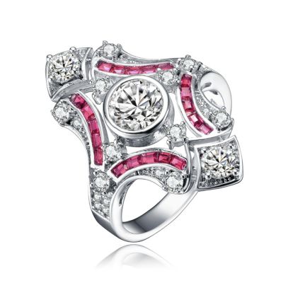 Sterling Silver Baguette and Round Cubic Zirconia Modern Ring