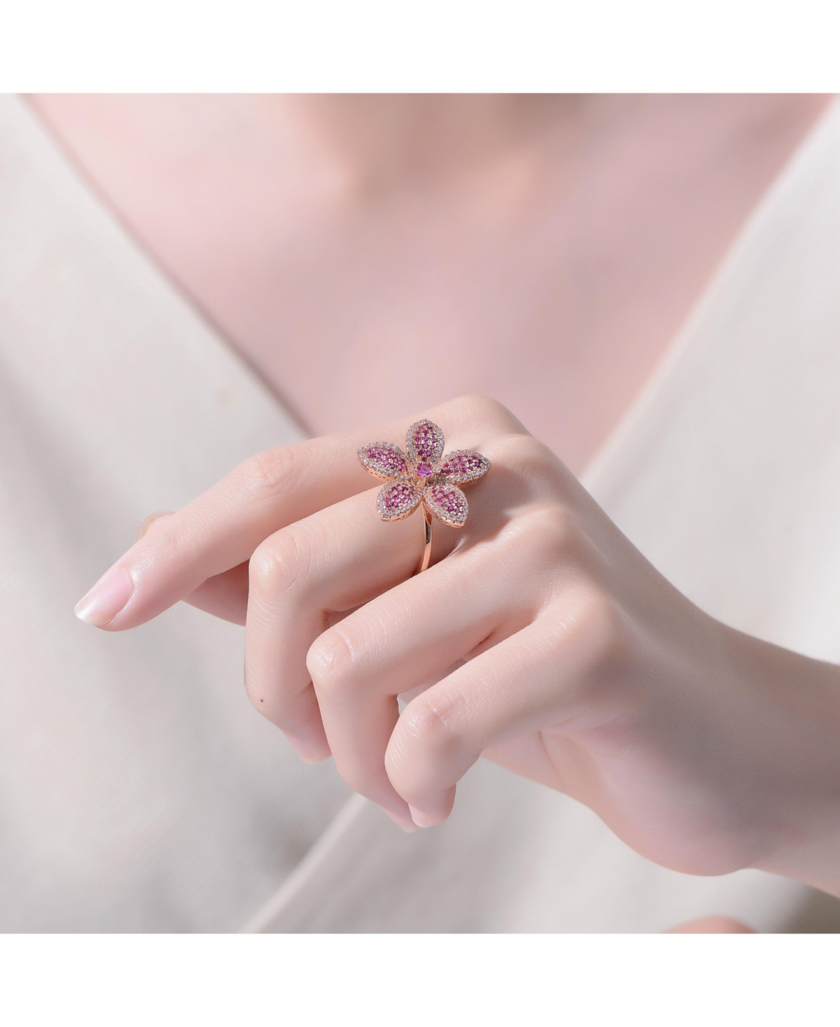 Genevive Sterling Silver 18K Rose Plated Clear andCubic Zirconia Flower Coctail Ring - Red