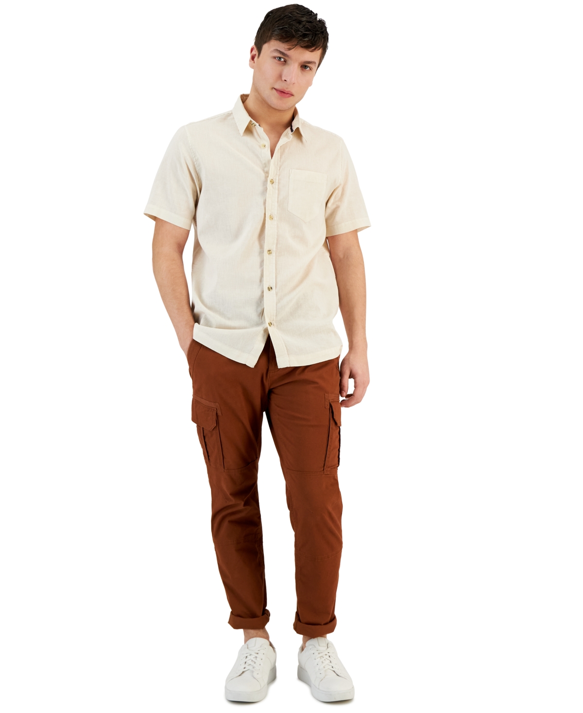 SUN + STONE MEN'S BLAKE LINEN CHAMBRAY SHORT SLEEVE BUTTON-FRONT SHIRT, CREATED FOR MACY'S