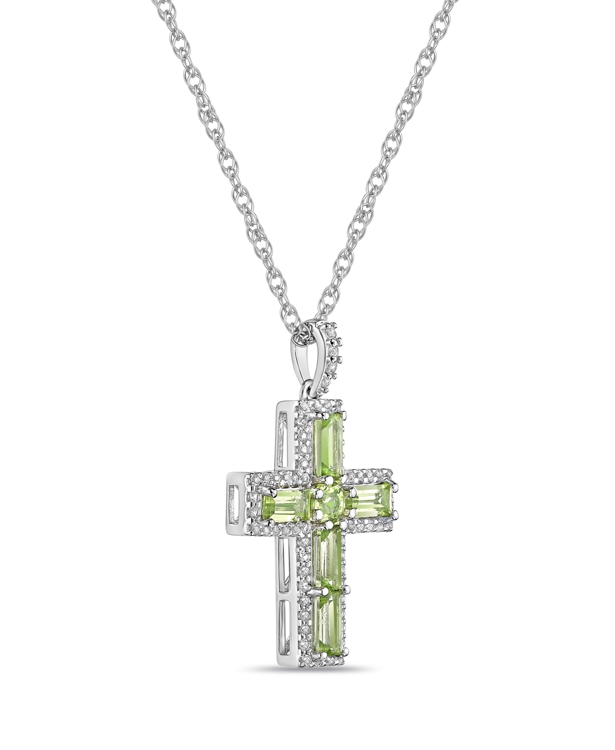 Sterling Silver Halo Birthstone Style Genuineand White Topaz Fancy Cut Cross Pendant Necklace - Peridot