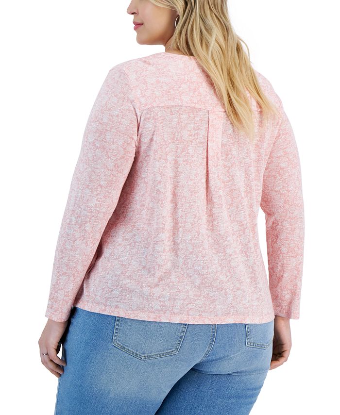Just My Size Women's Plus Size Long Sleeve Split Neck Tee - Distressed Hem Casual Top
