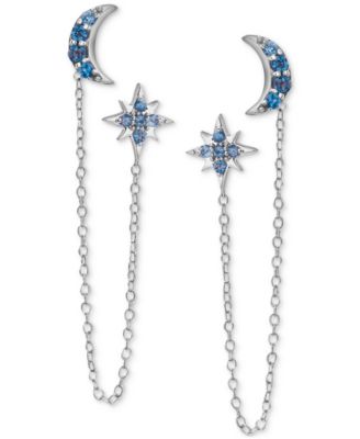 London Blue Topaz (1/2 ct. t.w.) Moon & Star Double Pierced Chain Drop Earrings in Sterling Silver