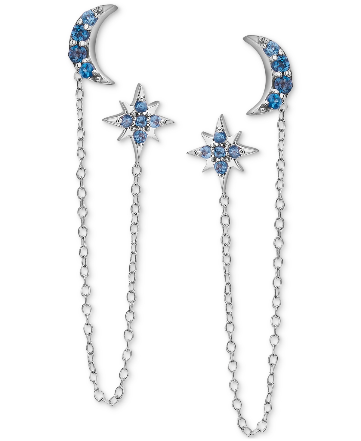 London Blue Topaz (1/2 ct. t.w.) Moon & Star Double Pierced Chain Drop Earrings - Sterling Silver