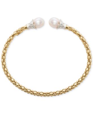 Cultured Freshwater Pearl (7 1/4 - 8mm) Popcorn Link Cuff Bangle Bracelet in 14k Two-Tone Gold-Plated Sterling Silver