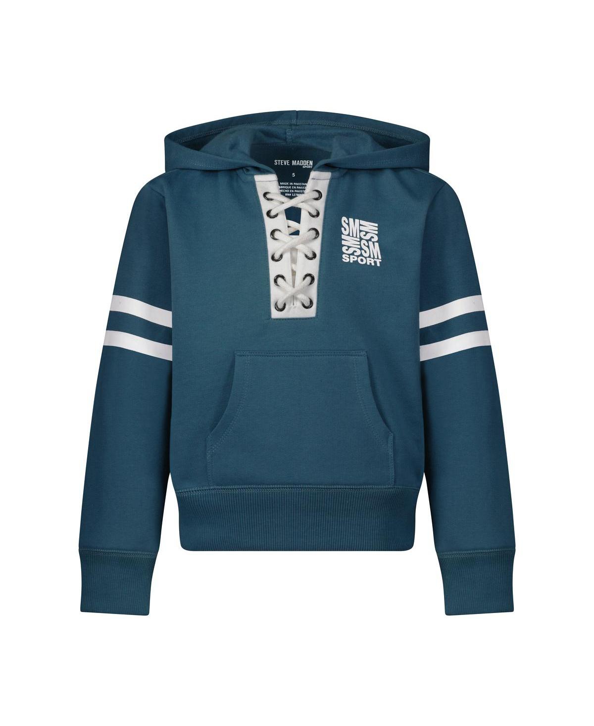 Steve Madden Girl's Fleece Lace-up Logo Pullover Hoodie, Kids In Blue Ashes