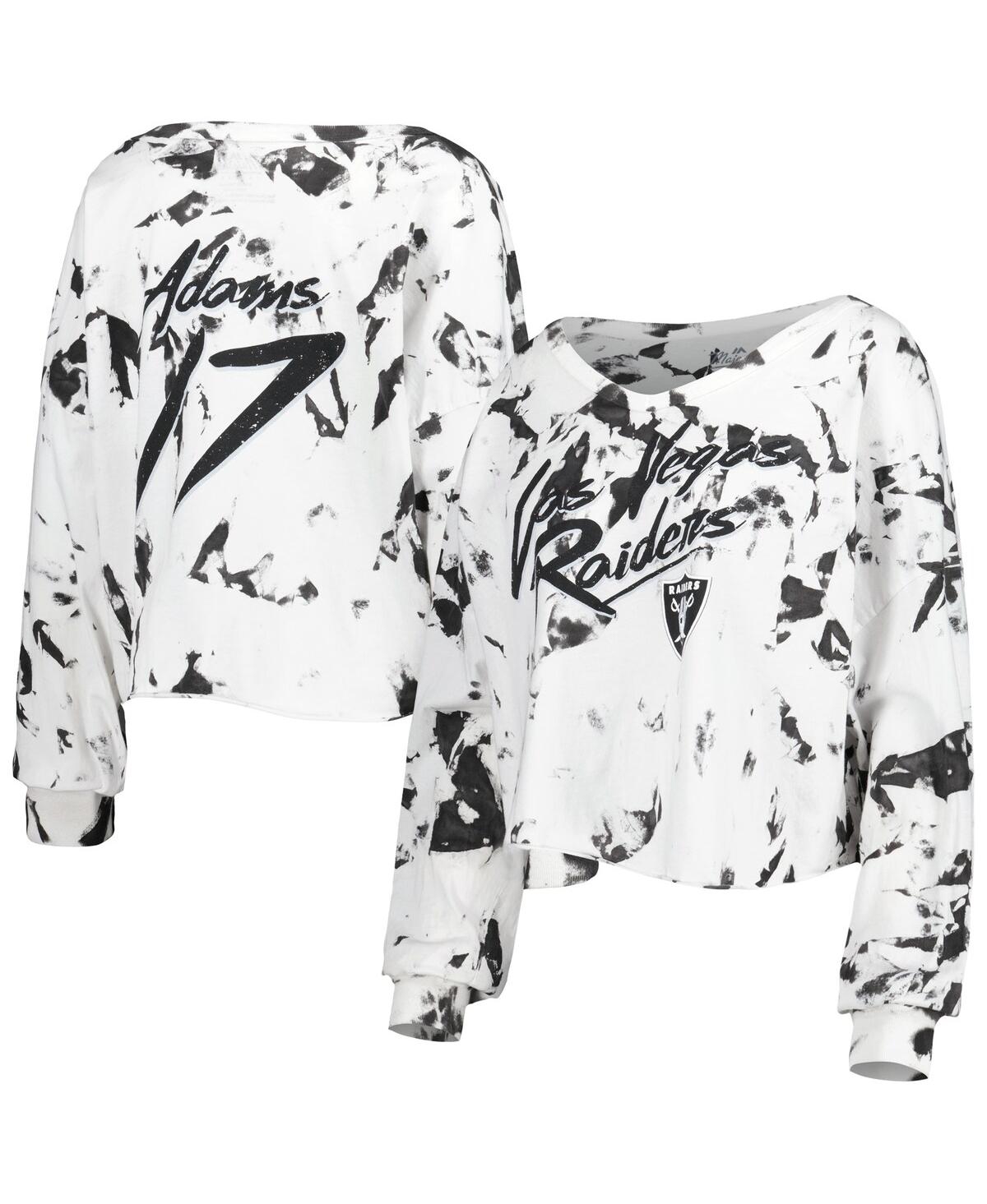 Women's Majestic Threads Davante Adams White Las Vegas Raiders Off-Shoulder Tie-Dye Name and Number Cropped Long Sleeve V-Neck T-shirt - White