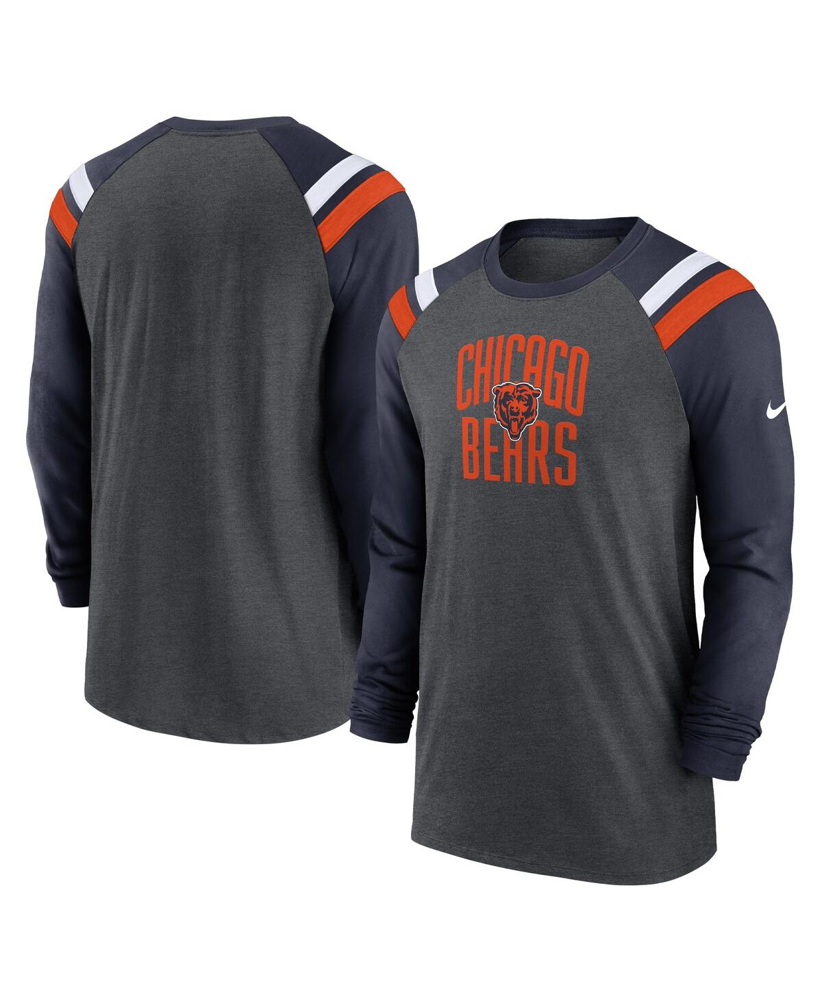 Shop Nike Men's  Heathered Charcoal, Navy Chicago Bears Tri-blend Raglan Athletic Long Sleeve Fashion T-sh In Heathered Charcoal,navy
