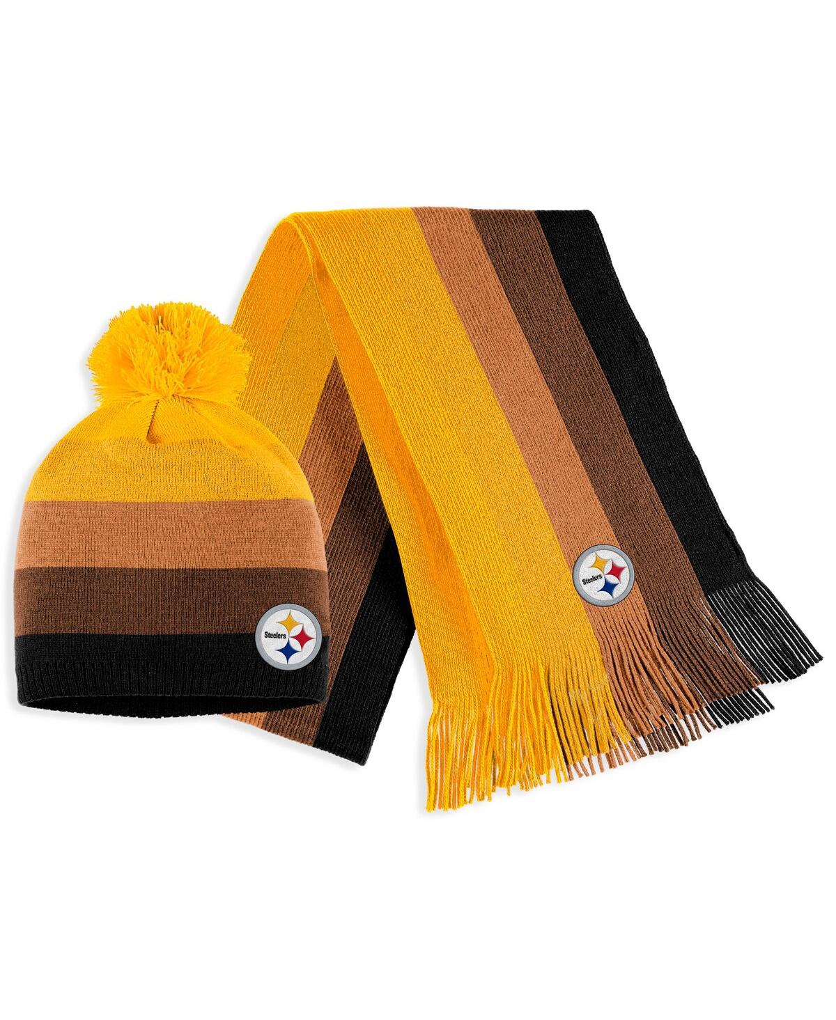 Shop Wear By Erin Andrews Women's  Gold Pittsburgh Steelers Ombre Pom Knit Hat And Scarf Set