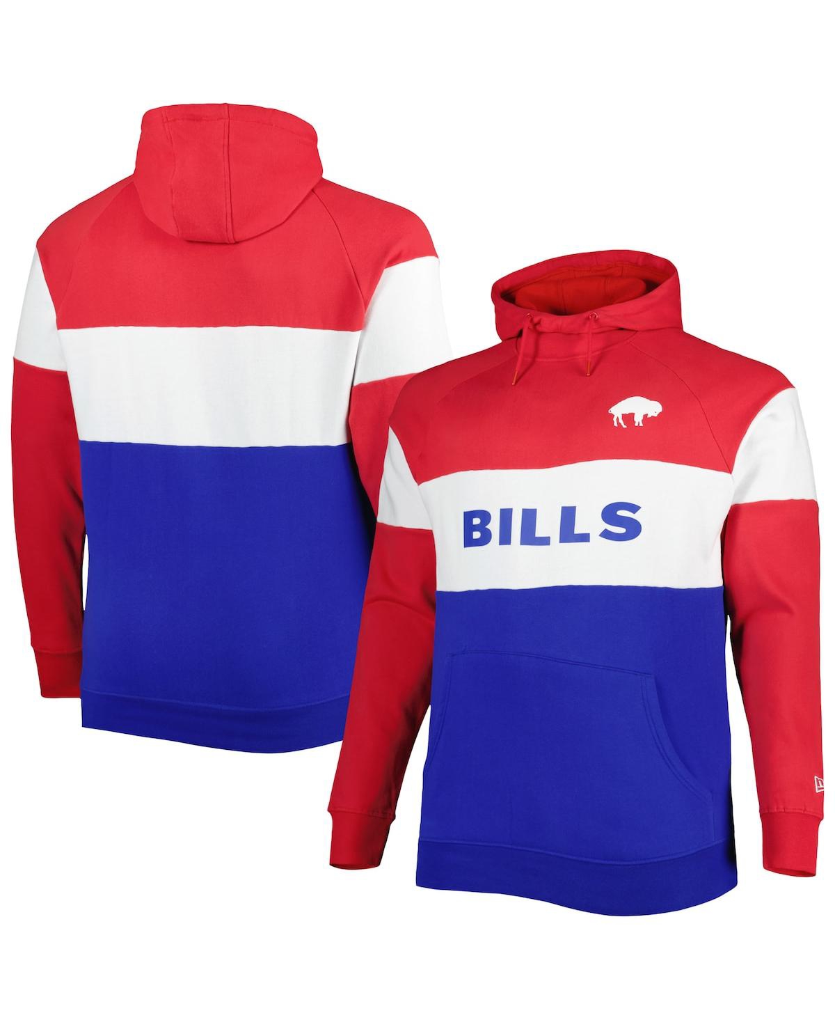 NEW ERA MEN'S NEW ERA ROYAL BUFFALO BILLS BIG AND TALL THROWBACK COLORBLOCK FLEECE RAGLAN PULLOVER HOODIE 