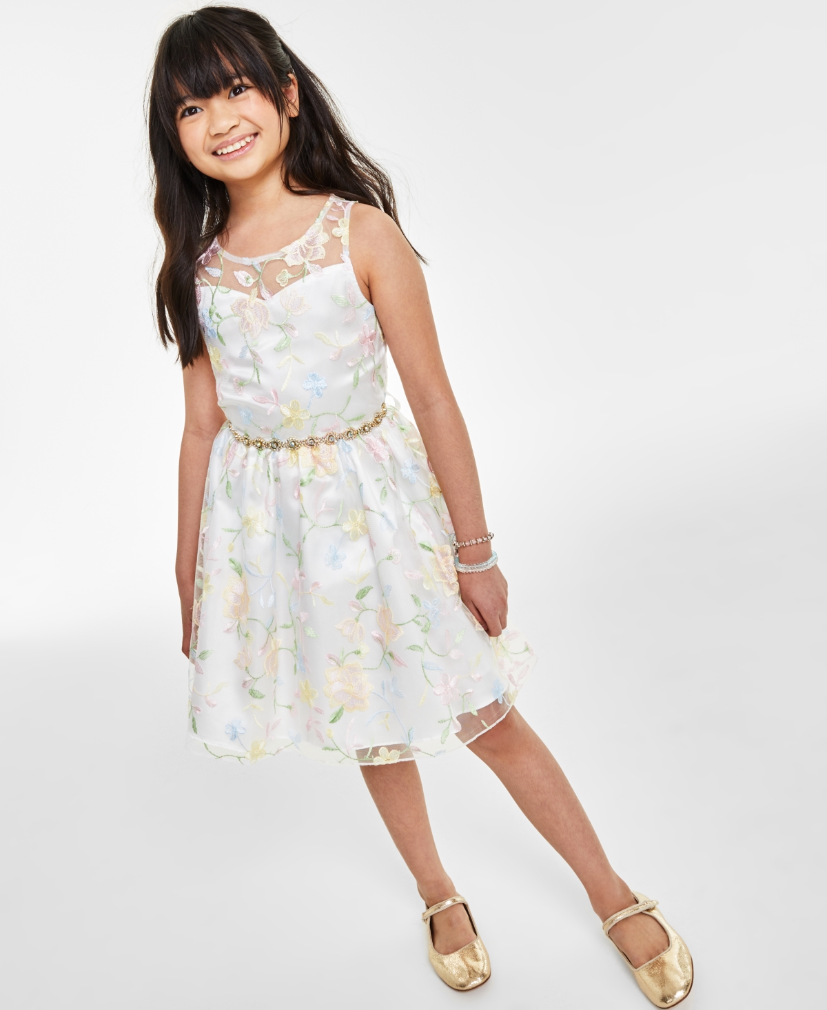 RARE EDITIONS BIG GIRLS EMBROIDERED ILLUSION BODICE FIT & FLARE DRESS