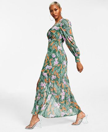 Bar III Women's Printed Long-Sleeve Slit-Hem Maxi Dress, Created for ...