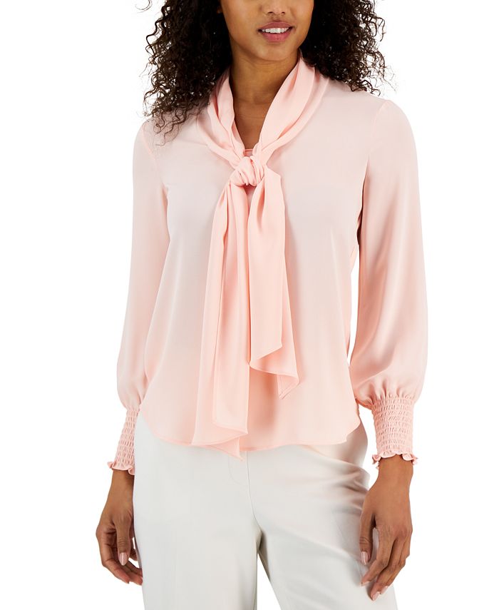 Anne Klein Women's Chiffon Smocked-Cuff Bow Blouse - Macy's