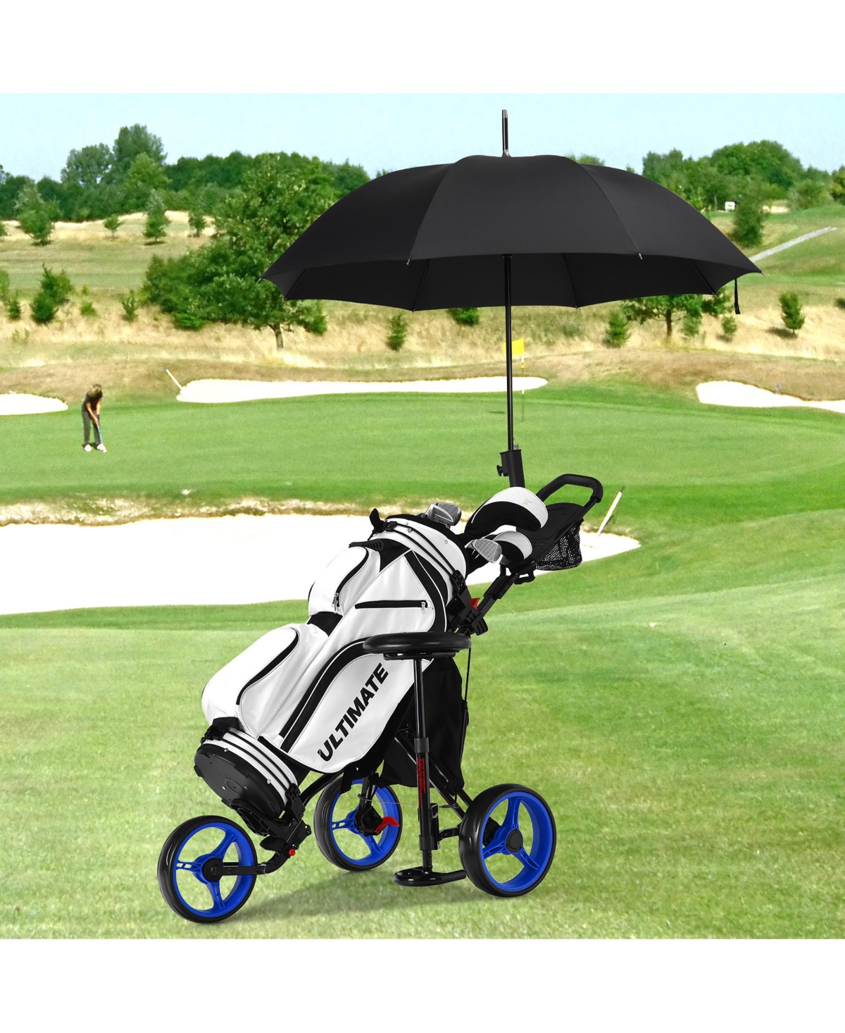 Folding 3 Wheels Golf Push Cart W/Seat Scoreboard Adjustable Handle