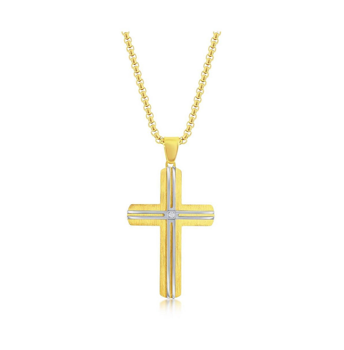 Mens Stainless Steel Gold & Silver Lined Single Cz Cross Necklace - Gold