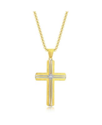 Mens Stainless Steel Gold & Silver Lined Single CZ Cross Necklace - Macy's