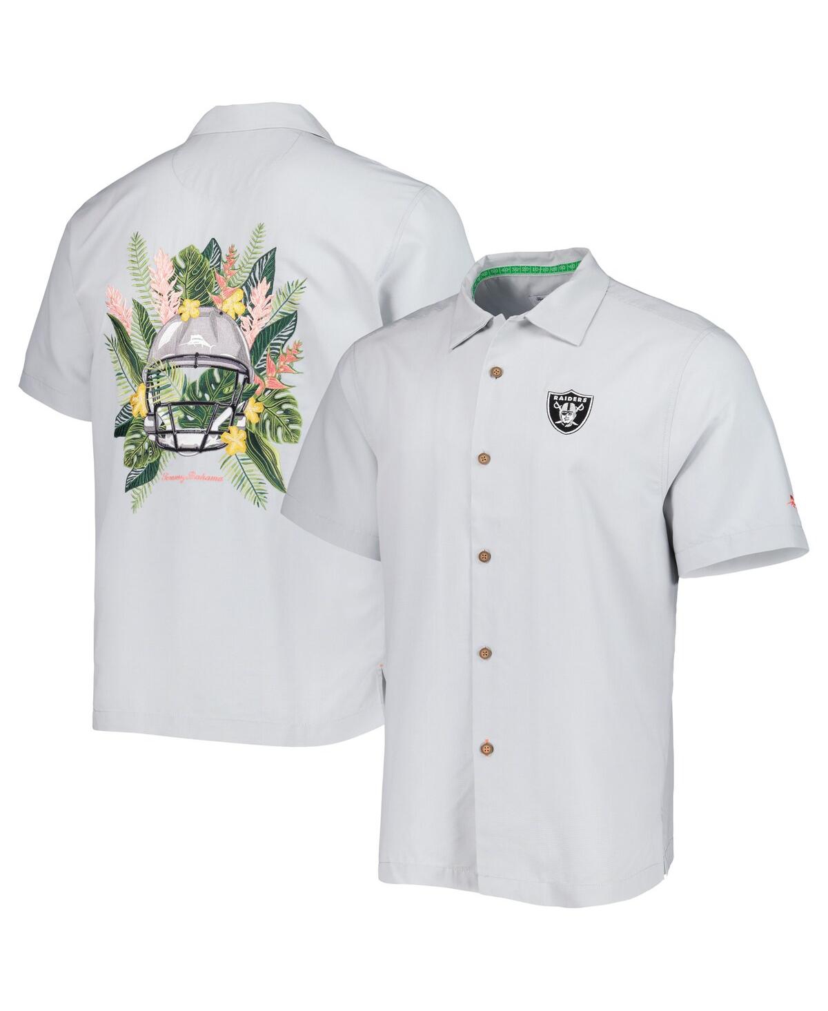 TOMMY BAHAMA MEN'S TOMMY BAHAMA GRAY LAS VEGAS RAIDERS COCONUT POINT FRONDLY FAN CAMP ISLANDZONE BUTTON-UP SHIRT