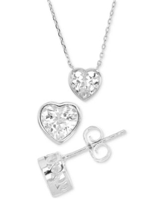 2-Pc. Set Cubic Zirconia Heart Bezel Pendant Necklace & Matching Stud Earrings - Sterling Silver