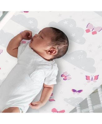 Butterfly Kisses Pink/White/Gray Cloud/Star Fitted Crib Sheet