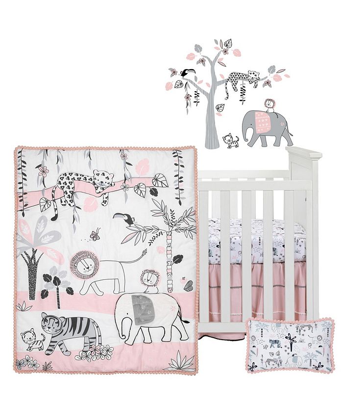Lambs & Ivy Happy Jungle Pink/White Safari Nursery 5Piece Crib Bedding