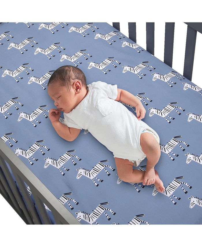 Lambs & Ivy Signature Zebra Blue Organic Cotton Breathable Fitted Crib