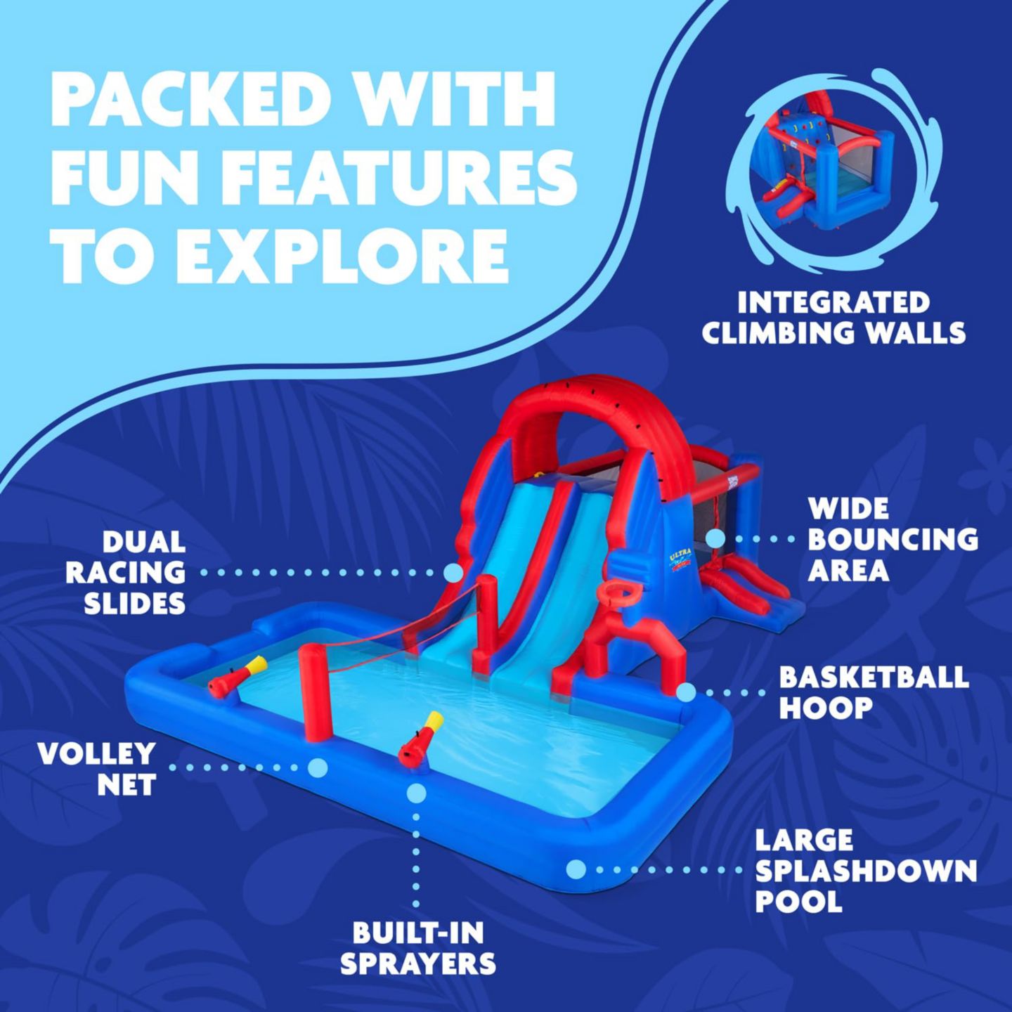 Детские игрушки Sunny & Fun Ultra All-Play Nylon Inflatable Bounce House with Dual Racing Slides, Approx. 276"L x 193.2"W x 108"H, Ages 3+, цвет: Синий — фото 2
