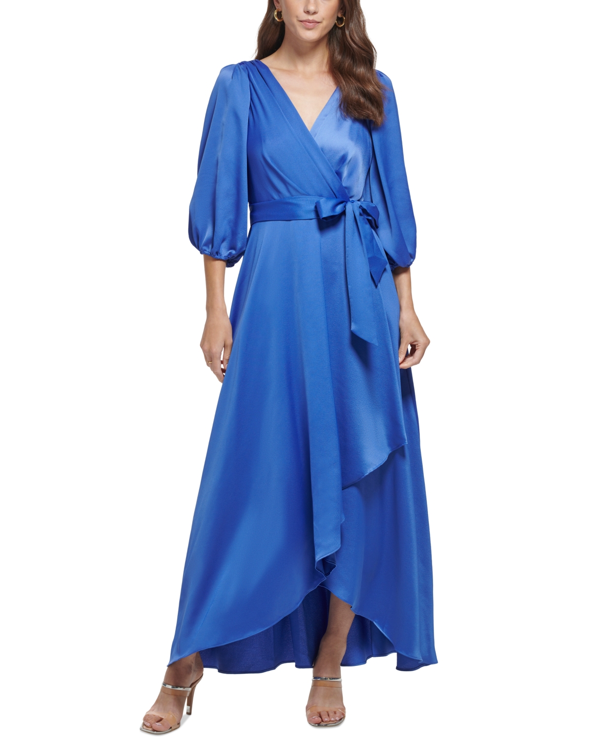 Dkny 3/4-sleeve Belted Faux-wrap Gown In Blue Quartz