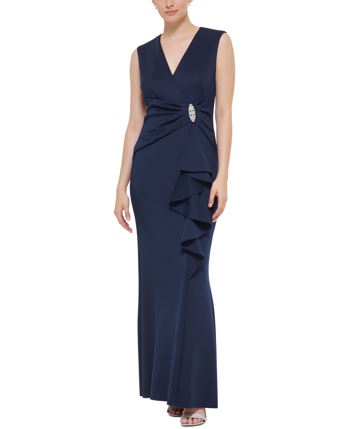 Jessica Howard Women's Embellished Ruffled Sleeveless Column Gown