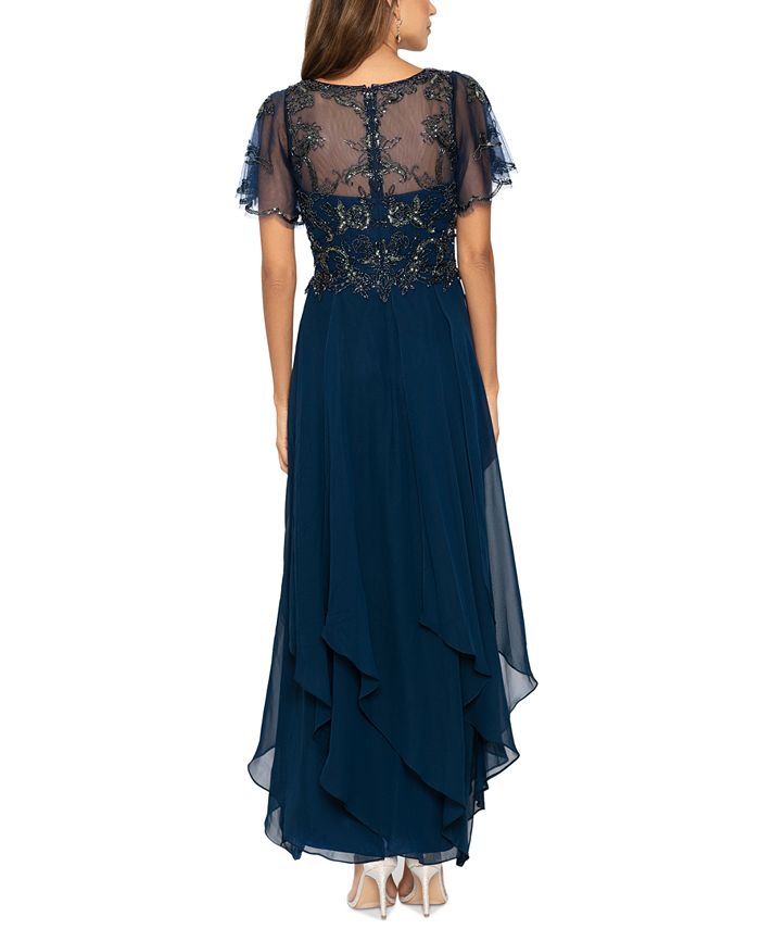 XSCAPE Women's Embellished Flutter-Sleeve Ruffled Chiffon Gown - Macy's