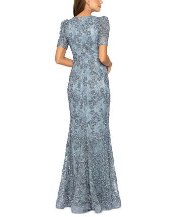 XSCAPE Women's Floral Soutache Sequin Puff-Sleeve Lace Gown - Macy's