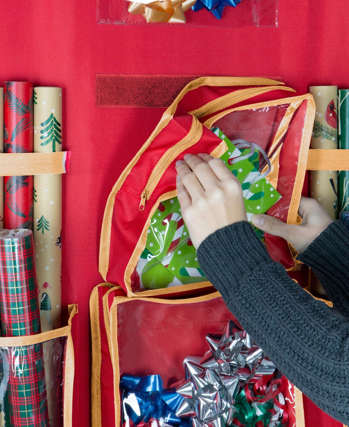 Shop Simplify 8 Compartment Hanging Holiday Gift Wrap Organizer In Red