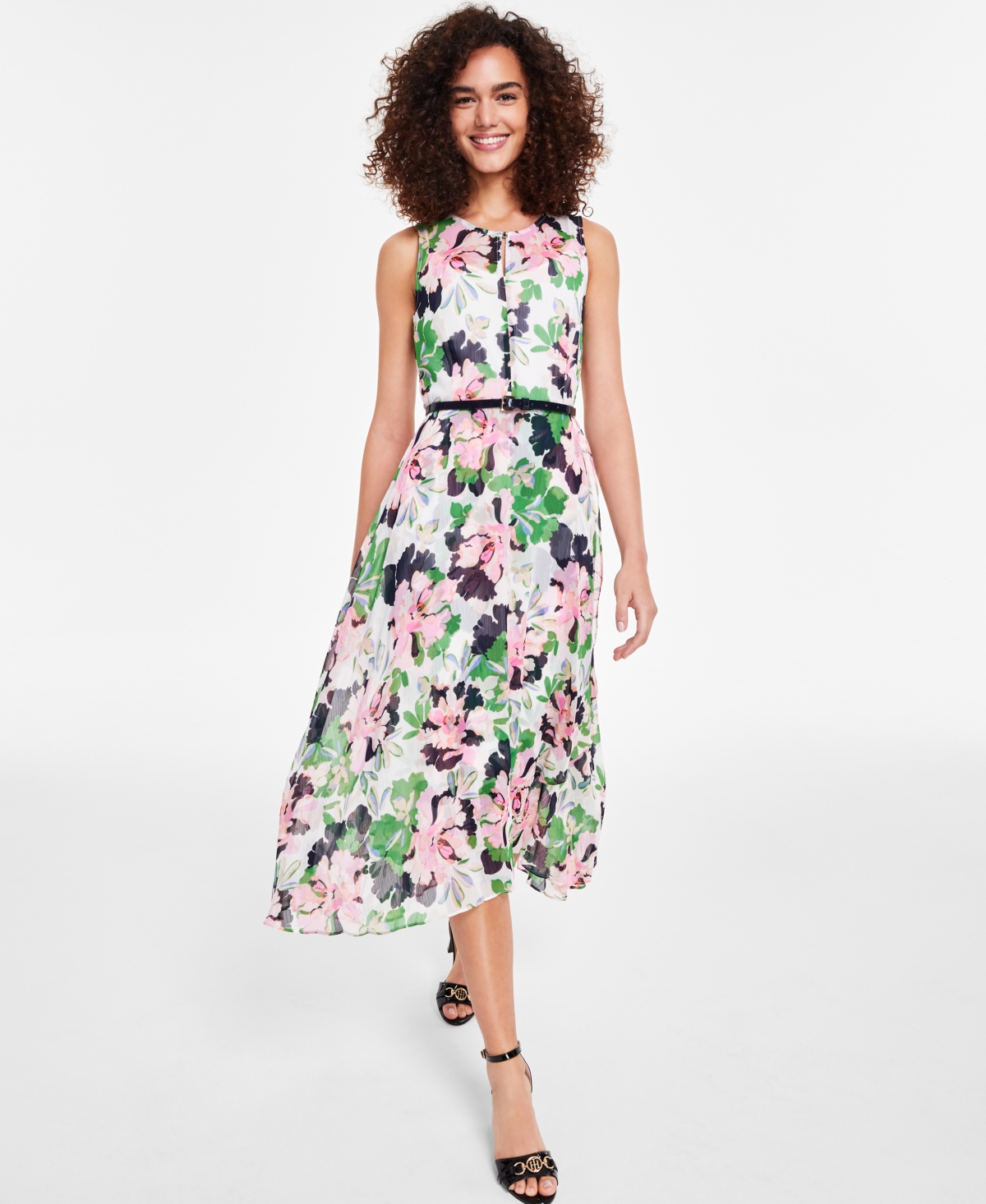 TOMMY HILFIGER WOMEN'S ISLA FLORAL BELTED MIDI DRESS 