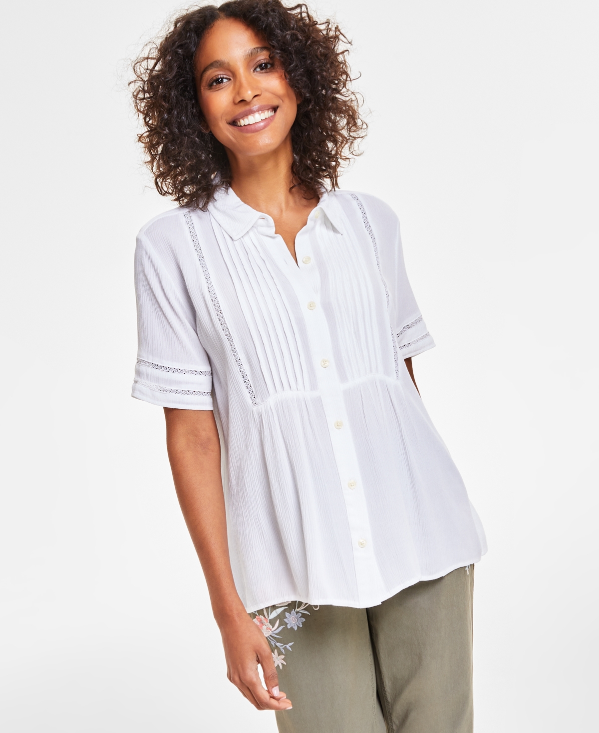 Shop Style & Co Petite Pintuck Short-sleeve Button-front Shirt, Created For Macy's In Deep Black