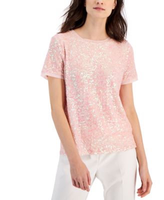 Anne Klein - Women's Sequinned Mesh Short-Sleeve Banded T-Shirt