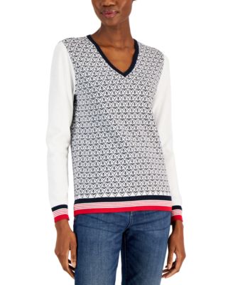 Tommy Hilfiger - Women's Anchor Print Cotton V-Neck Sweater