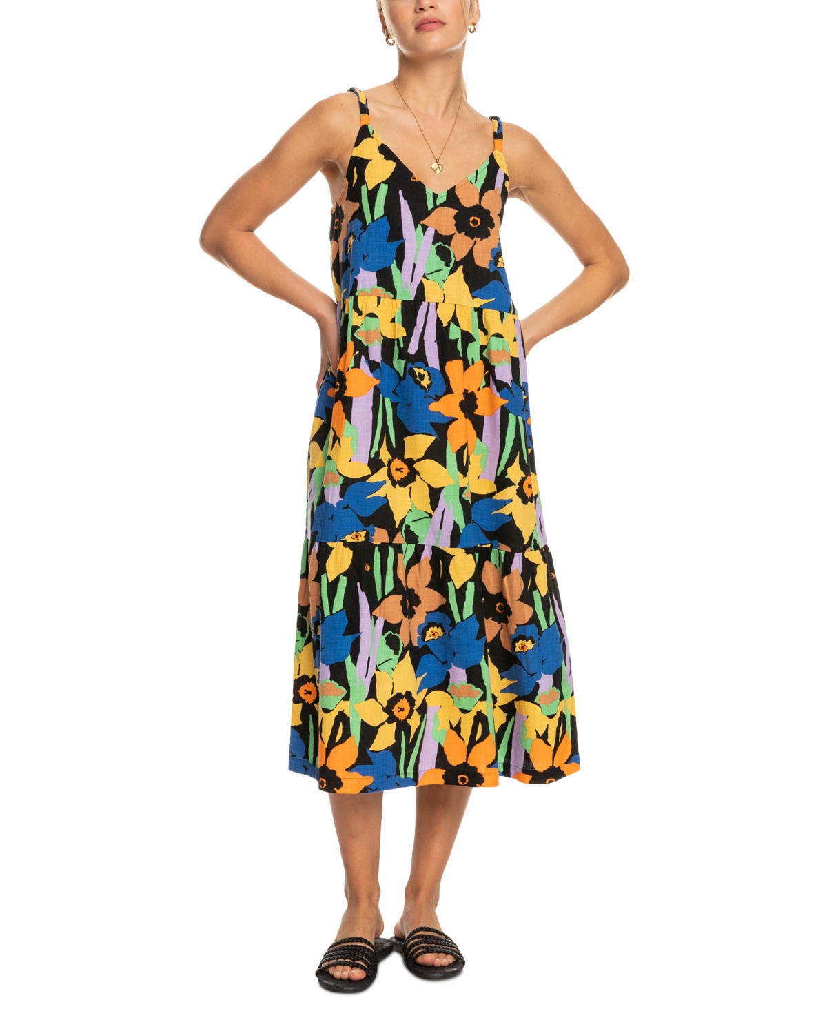 Shop Roxy Juniors' Waiting Line Printed Tiered Midi Dress In Anthracite Flower Jammin
