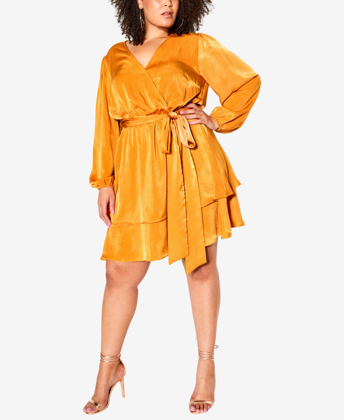 City Chic Twisted Ruffle Long Sleeve Minidress In Honey