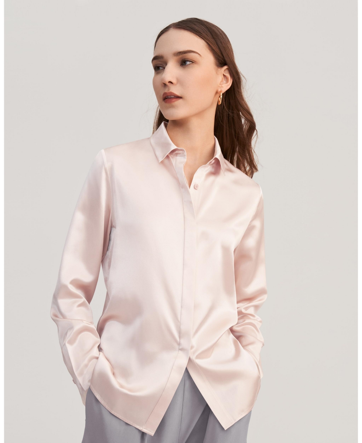Women's Basic Concealed Placket Silk Shirt - Pale Pink