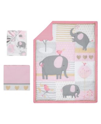 Eloise Pink/Gray/Gold/White Elephant 3-Piece Nursery Baby Crib Bedding Set