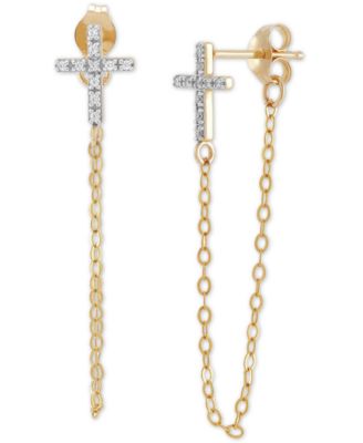 Macy's - Diamond Cross Chain Front & Back Earrings (1/20 ct. t.w.) in 10k Gold