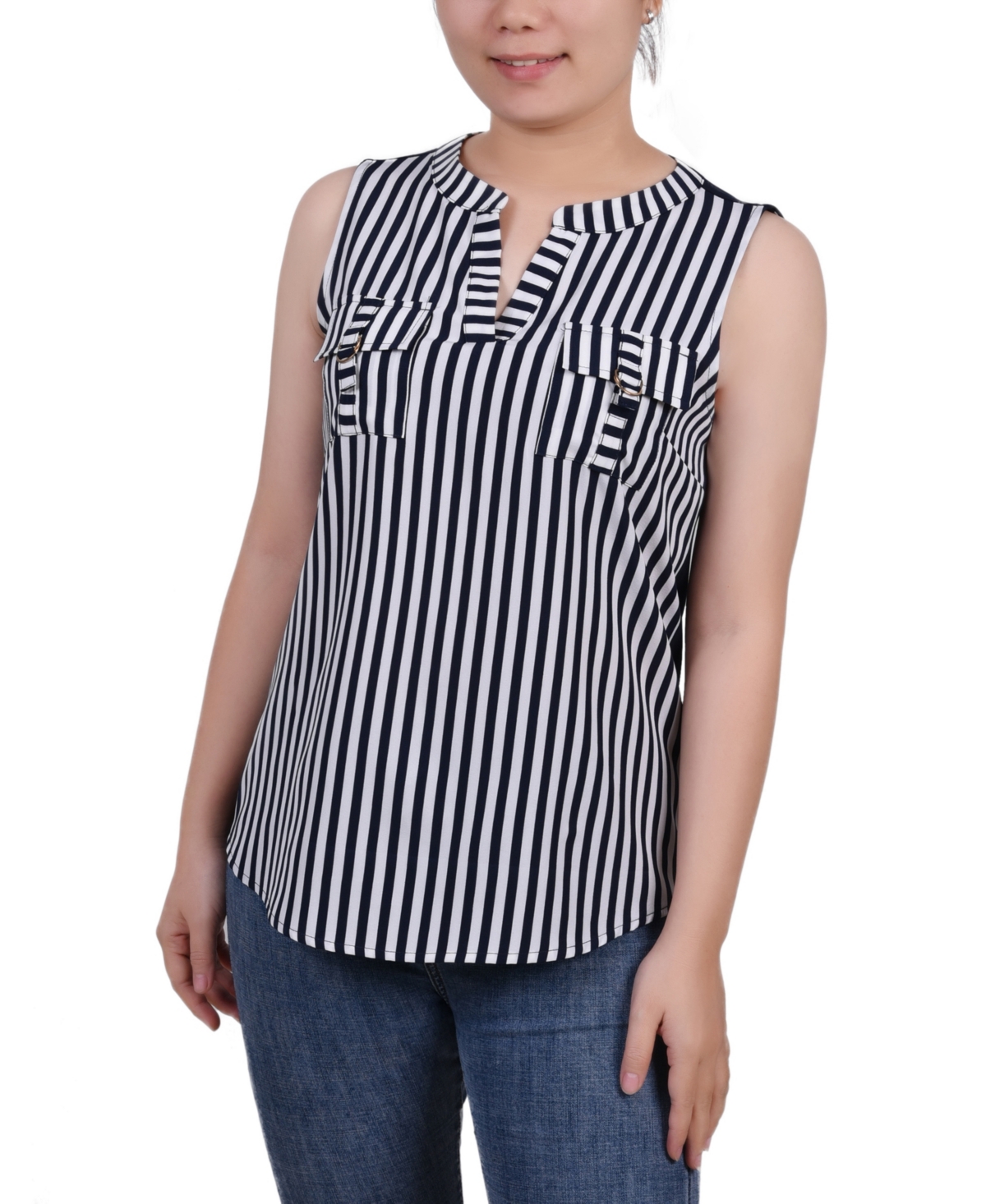 Ny Collection Plus Size Sleeveless Y-neck Combo Blouse In Navy White