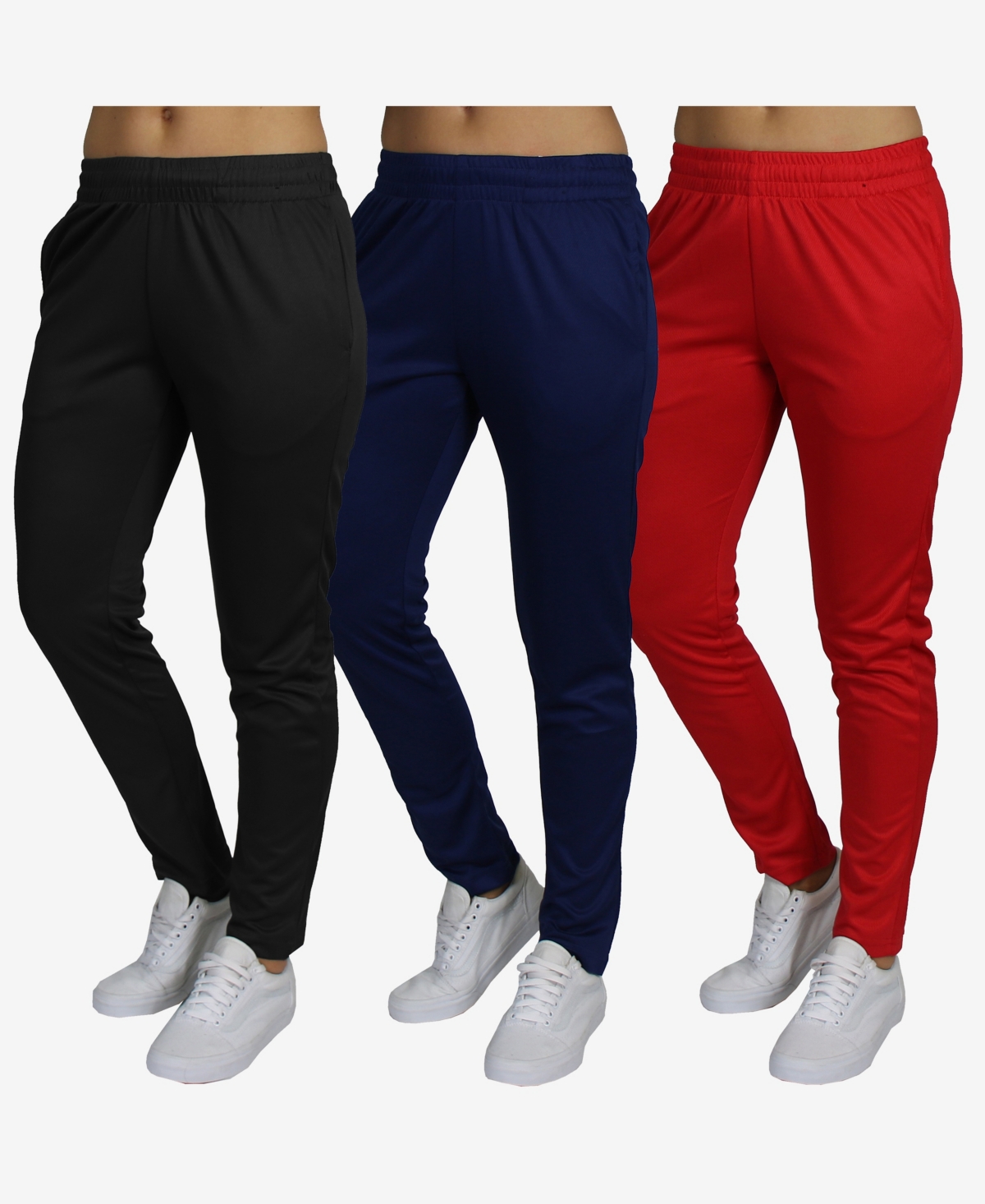 Women's Moisture Wicking Fashion Performance Pants, 3 Pack - Black, Navy, Red