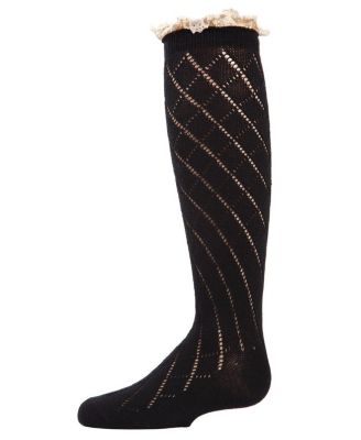Girls Button Lace Trim Knee High Socks