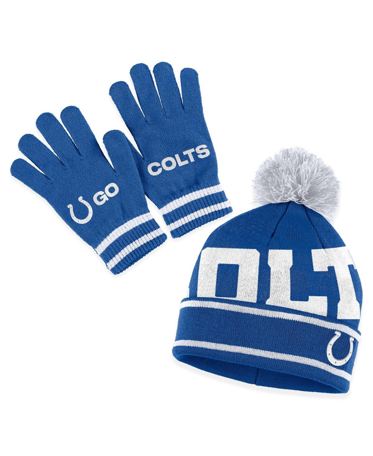 Shop Wear By Erin Andrews Women's  Royal Indianapolis Colts Double Jacquard Cuffed Knit Hat With Pom And G